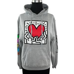 KEITH HARING Gray Heart LONELY CROWD Long Sleeve Pullover Fleece Hoodie S Small